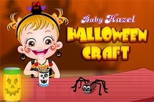 En tegning av en smilende jente med halloween-dekorasjoner, inkludert et gresskarlys og en leke-edderkopp, på et bord med teksten Halloween Craft