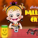 En tegning av en smilende jente med halloween-dekorasjoner, inkludert et gresskarlys og en leke-edderkopp, på et bord med teksten Halloween Craft