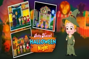 En illustrasjon med en jente i halloween-kostyme, omgitt av bilder av et hus og flere barn i festlige omgivelser, med teksten Baby Hazel Halloween Night