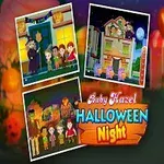 En illustrasjon med en jente i halloween-kostyme, omgitt av bilder av et hus og flere barn i festlige omgivelser, med teksten Baby Hazel Halloween Night
