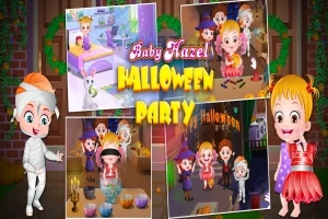 Barn kledd i kostymer feirer halloween med festlige dekorasjoner og aktiviteter