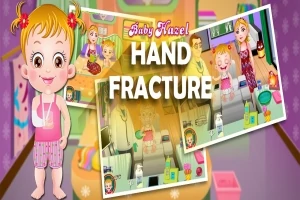Illustrasjon av en smilende tegneseriefigur ved siden av overlapping av bilder fra et barnerom, med teksten Hand Fracture i midten
