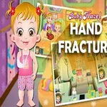 Illustrasjon av en smilende tegneseriefigur ved siden av overlapping av bilder fra et barnerom, med teksten Hand Fracture i midten
