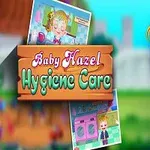 Tegneseriefigur av en smilende baby med lyse fletter og en rosa kjole, med teksten Baby Hazel Hygiene Care og noen småbilder i bakgrunnen