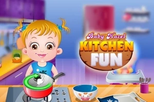 En tegnet jente med lyst hår og musefletter står ved en komfyr med en grønn gryte, omgitt av kjøkkenutstyr og en stor skrift som sier Kitchen Fun