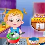 En tegnet jente med lyst hår og musefletter står ved en komfyr med en grønn gryte, omgitt av kjøkkenutstyr og en stor skrift som sier Kitchen Fun