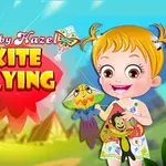 En tegnet jente med gule musefletter står ute, holder en drage, og smiler foran en fargerik bakgrunn med teksten Kite Flying