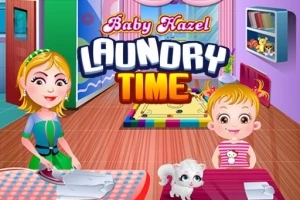 To små barn er i et fargerikt rom og ser ut til å leke med en hvit kattunge, med tekst som sier Laundry Time