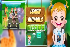 Tegneserie med en jente med kamera, flere dyr i en safaribil, og teksten Learn Animals