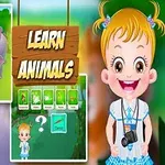 Tegneserie med en jente med kamera, flere dyr i en safaribil, og teksten Learn Animals