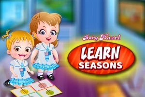 To barn i skoleuniformer står ved siden av et gulvbrett med bilder av årstider mens en fargerik tekst sier Learn Seasons