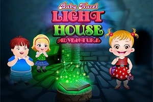 Tre tegneseriebarn står i et mystisk rom med glødende grønne lys, en åpen bok og teksten Baby Hazel Lighthouse Adventure over dem
