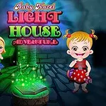 Tre tegneseriebarn står i et mystisk rom med glødende grønne lys, en åpen bok og teksten Baby Hazel Lighthouse Adventure over dem