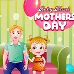 Familiescene med en mann, en kvinne og en liten jente som holder en flaske, omgitt av ballonger og en sofa med teksten Mothers Day i bakgrunnen