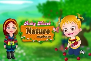 To barn i fargerike klær står foran en grønn, frodig bakgrunn med teksten Baby Hazel Nature Explorer mellom dem