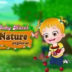 To barn i fargerike klær står foran en grønn, frodig bakgrunn med teksten Baby Hazel Nature Explorer mellom dem