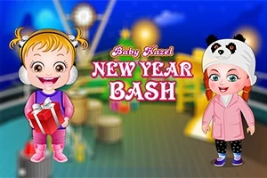 To barn i vinterklær med en gaveeske, mot en fargerik bakgrunn med teksten New Year Bash