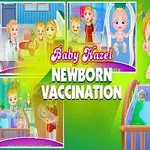 En kollasje med en tegnet baby i en seng, en lege og en annen voksen person, samt teksten Baby Hazel Newborn Vaccination
