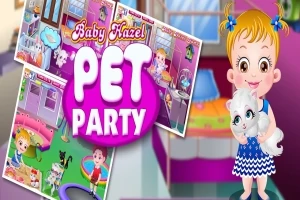 Et tegneseriebarn med gult hår står i et fargerikt rom og holder en hvit katt, omkranset av screenshots og teksten Baby Hazel Pet Party