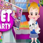 Et tegneseriebarn med gult hår står i et fargerikt rom og holder en hvit katt, omkranset av screenshots og teksten Baby Hazel Pet Party