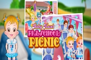 Tegneserieillustrasjon av en smilende liten jente i skoleuniform foran bilder med barn i en skolebuss og klassemiljø, med teksten Baby Hazel Preschool Picnic
