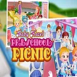 Tegneserieillustrasjon av en smilende liten jente i skoleuniform foran bilder med barn i en skolebuss og klassemiljø, med teksten Baby Hazel Preschool Picnic