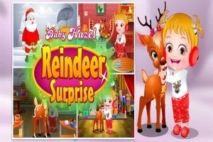 Et collagebilde med en tegneseriefigur, en reinsdyr og julenisse, med teksten Reindeer Surprise i sentrum