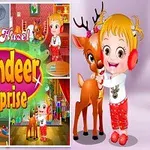 Et collagebilde med en tegneseriefigur, en reinsdyr og julenisse, med teksten Reindeer Surprise i sentrum