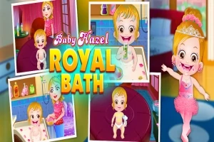 Et lite barn i forskjellige badesituasjoner, med fargerike omgivelser og teksten Baby Hazel Royal Bath
