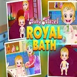 Et lite barn i forskjellige badesituasjoner, med fargerike omgivelser og teksten Baby Hazel Royal Bath