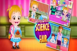 En tegneseriefigur i skoleuniform holder en vulkanmodell på en naturfagmesse, omgitt av bilder fra begivenheten