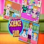 En tegneseriefigur i skoleuniform holder en vulkanmodell på en naturfagmesse, omgitt av bilder fra begivenheten