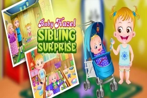 Baby med glatt hår står ved siden av en blå barnevogn som inneholder et smilende spedbarn, omgitt av små bilder og teksten Sibling Surprise