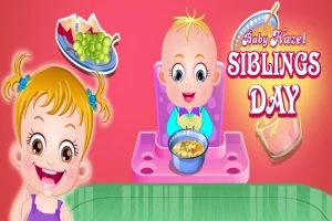 To barn med sjarmerende uttrykk, der en liten baby sitter i en høy stol med grøt, og teksten Siblings Day vises i bakgrunnen