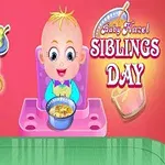 To barn med sjarmerende uttrykk, der en liten baby sitter i en høy stol med grøt, og teksten Siblings Day vises i bakgrunnen