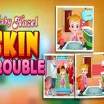Illustrasjon med en tegnet jente med tekst Skin Trouble og flere små situasjonsbilder av jenta