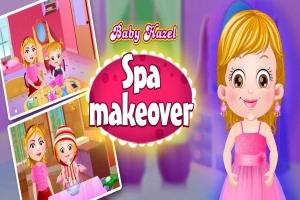 Illustrasjon av en smilende jente i rosa kjole med teksten Spa Makeover og to små bilder som viser henne i forskjellige spa-situasjoner