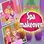 Illustrasjon av en smilende jente i rosa kjole med teksten Spa Makeover og to små bilder som viser henne i forskjellige spa-situasjoner