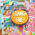 Tegneserie av en smilende jente med tekst som sier Baby Hazel Stomach Care i et fargerikt kjøkken og soveromsmiljø
