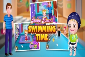 Barn i badetøy ved et svømmebasseng omgitt av fargerike illustrasjoner og teksten Baby Hazel Swimming Time