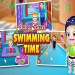 Barn i badetøy ved et svømmebasseng omgitt av fargerike illustrasjoner og teksten Baby Hazel Swimming Time