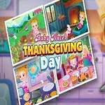 Tegneseriefigur med blondt hår holder en bakeplate, omgitt av små bilder av matlaging og pynting til Thanksgiving
