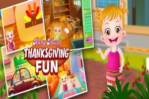 Liten jente i rosa kjole smiler foran collage av fire bilder med fargerike innendørs- og utendørsscener, med teksten Thanksgiving Fun