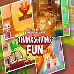 Liten jente i rosa kjole smiler foran collage av fire bilder med fargerike innendørs- og utendørsscener, med teksten Thanksgiving Fun