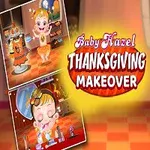 Barn i en oransje kjole står smilende ved siden av en tekstplakat om en Thanksgiving-makeover, med to små bilder i venstre hjørne som viser ulike aktiviteter