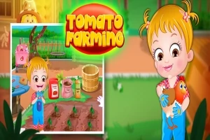 En illustrasjon av et barn som holder en kylling ved siden av en tomatplantasje og teksten Tomato Farming