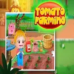 En illustrasjon av et barn som holder en kylling ved siden av en tomatplantasje og teksten Tomato Farming