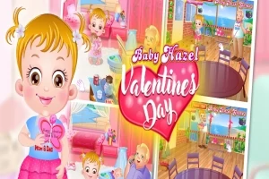 Tegning av en smilende baby med sløyfer i håret, omgitt av fargerike illustrasjoner av et hus, Valentinsrelaterte elementer og teksten Baby Hazel Valentines Day