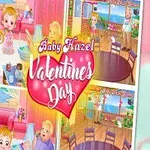 Tegning av en smilende baby med sløyfer i håret, omgitt av fargerike illustrasjoner av et hus, Valentinsrelaterte elementer og teksten Baby Hazel Valentines Day