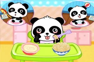 En pandafigur sitter ved et bord med en bolle spaghetti og en gaffel, med to tenkebobler som viser pandaen som spiser andre retter